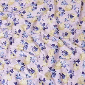 Light lilac uragiri cotton voile fabric with purple, baby blue and  sand beige print in floral design-D7334