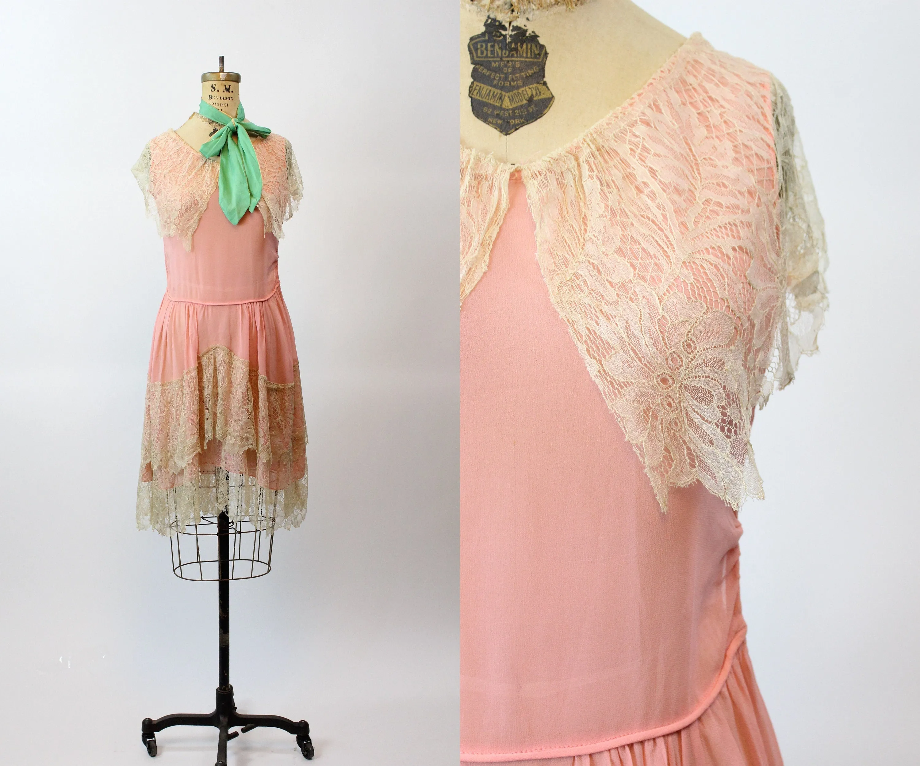 1920s MINT and pink silk LACE dress xs  | new spring summer