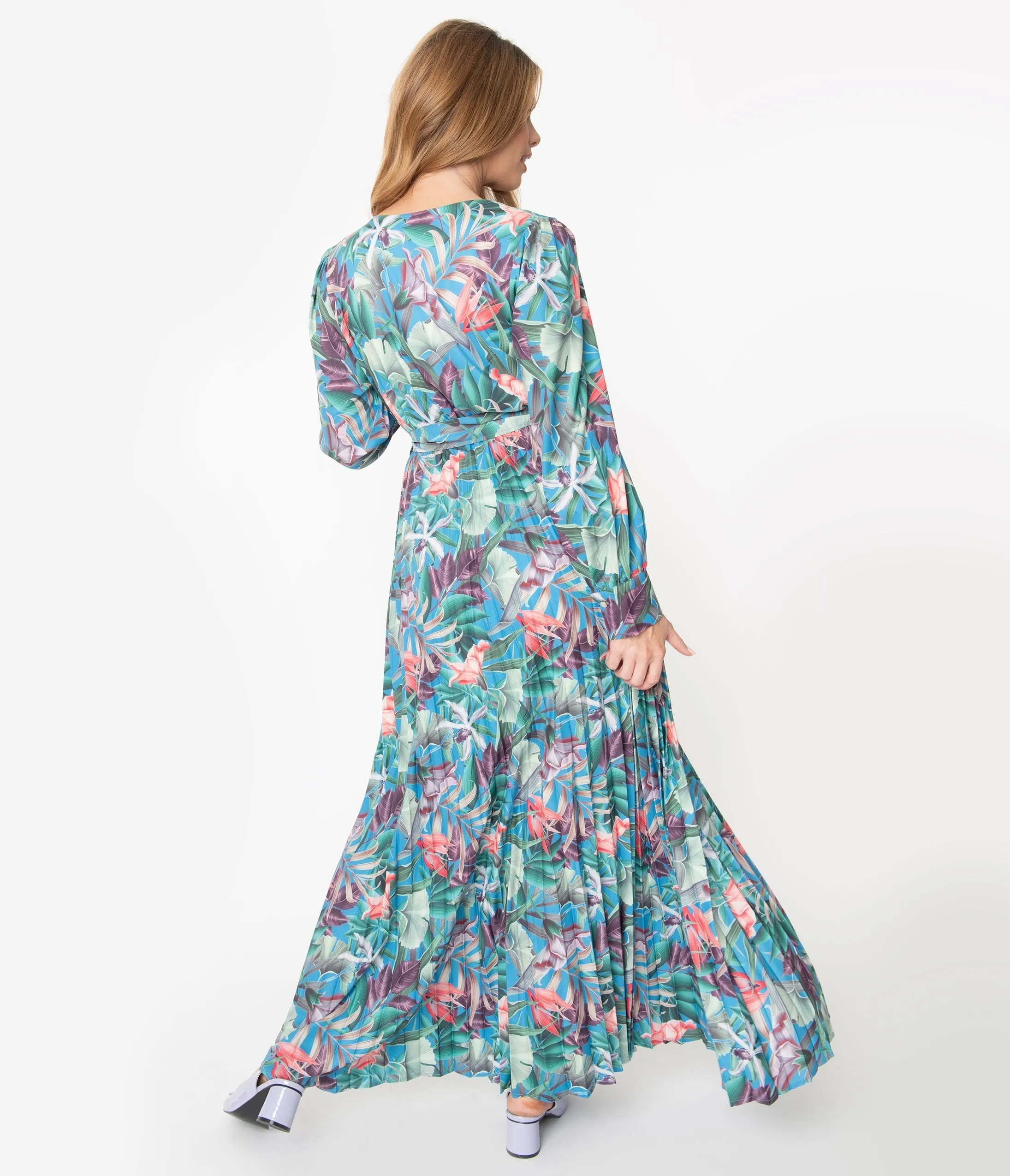 1970s Blue & Green Tropical Print Belted Maxi Dress