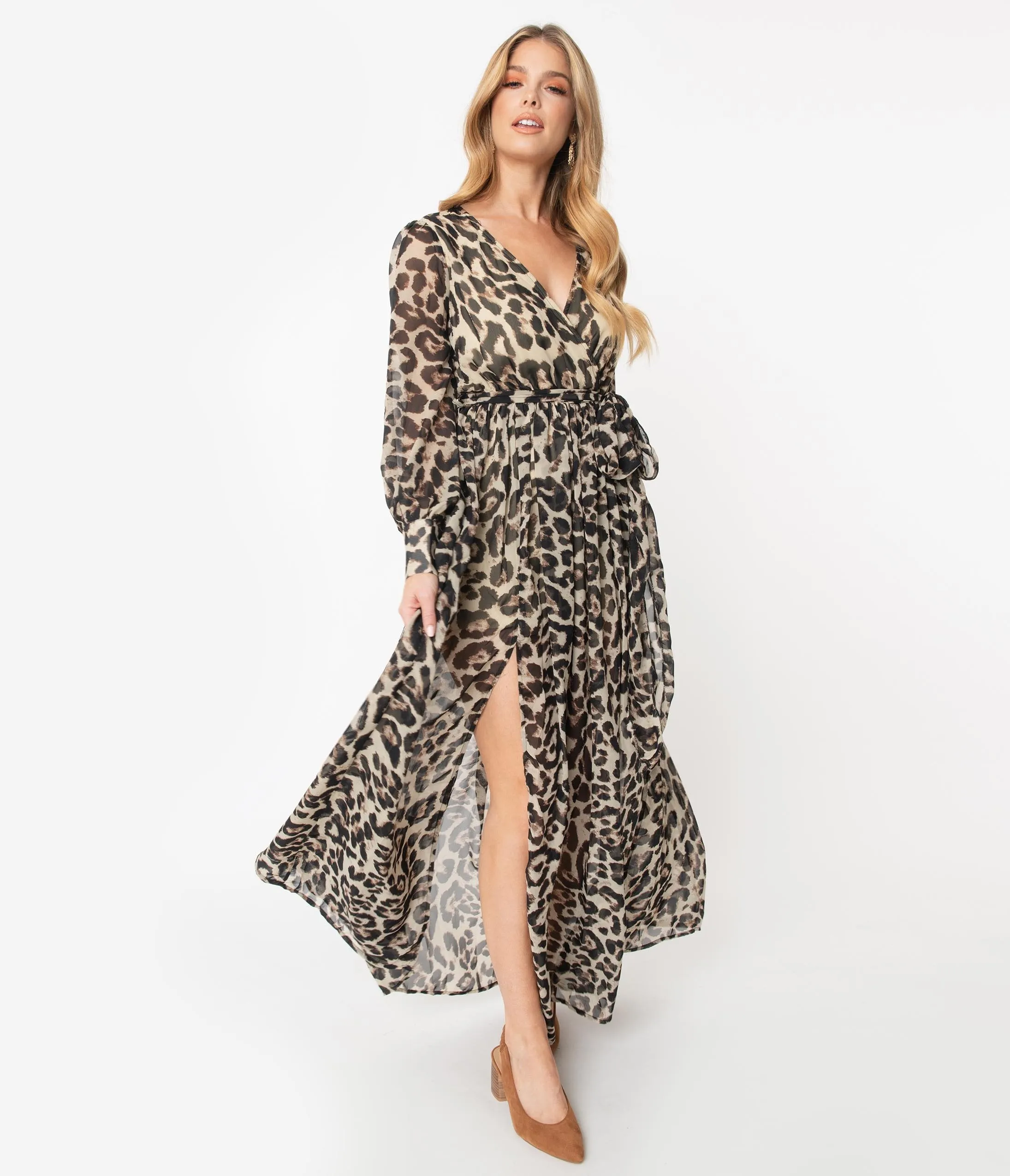 1970s Leopard Print Long Sleeve Maxi Dress