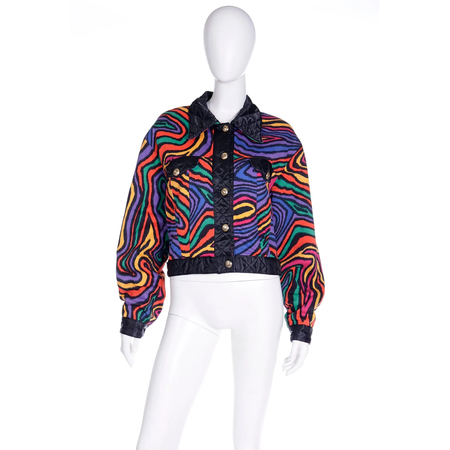 1980s Moschino Jeans Colorful Rainbow Bomber Jacket w Black Trim