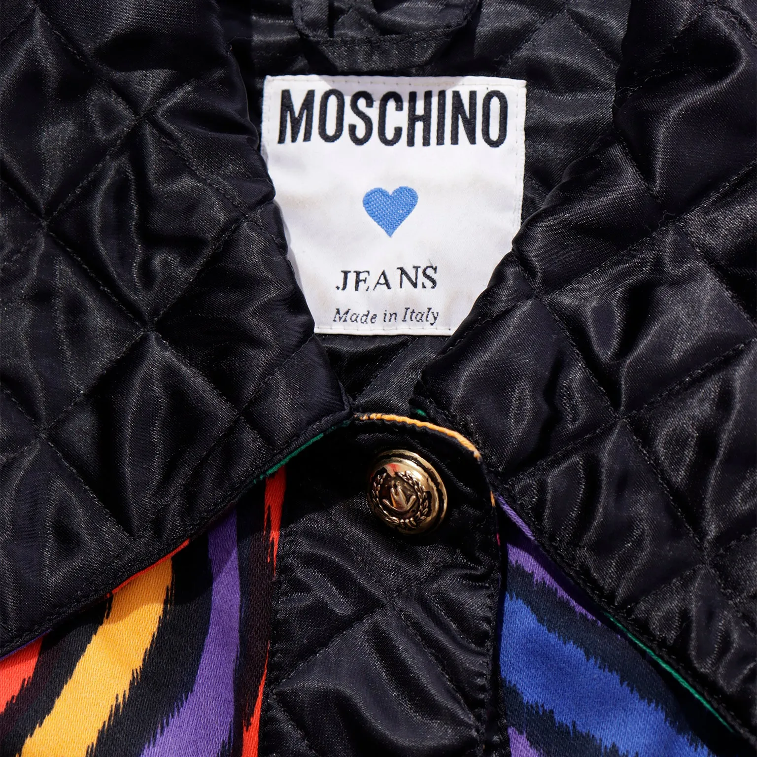 1980s Moschino Jeans Colorful Rainbow Bomber Jacket w Black Trim