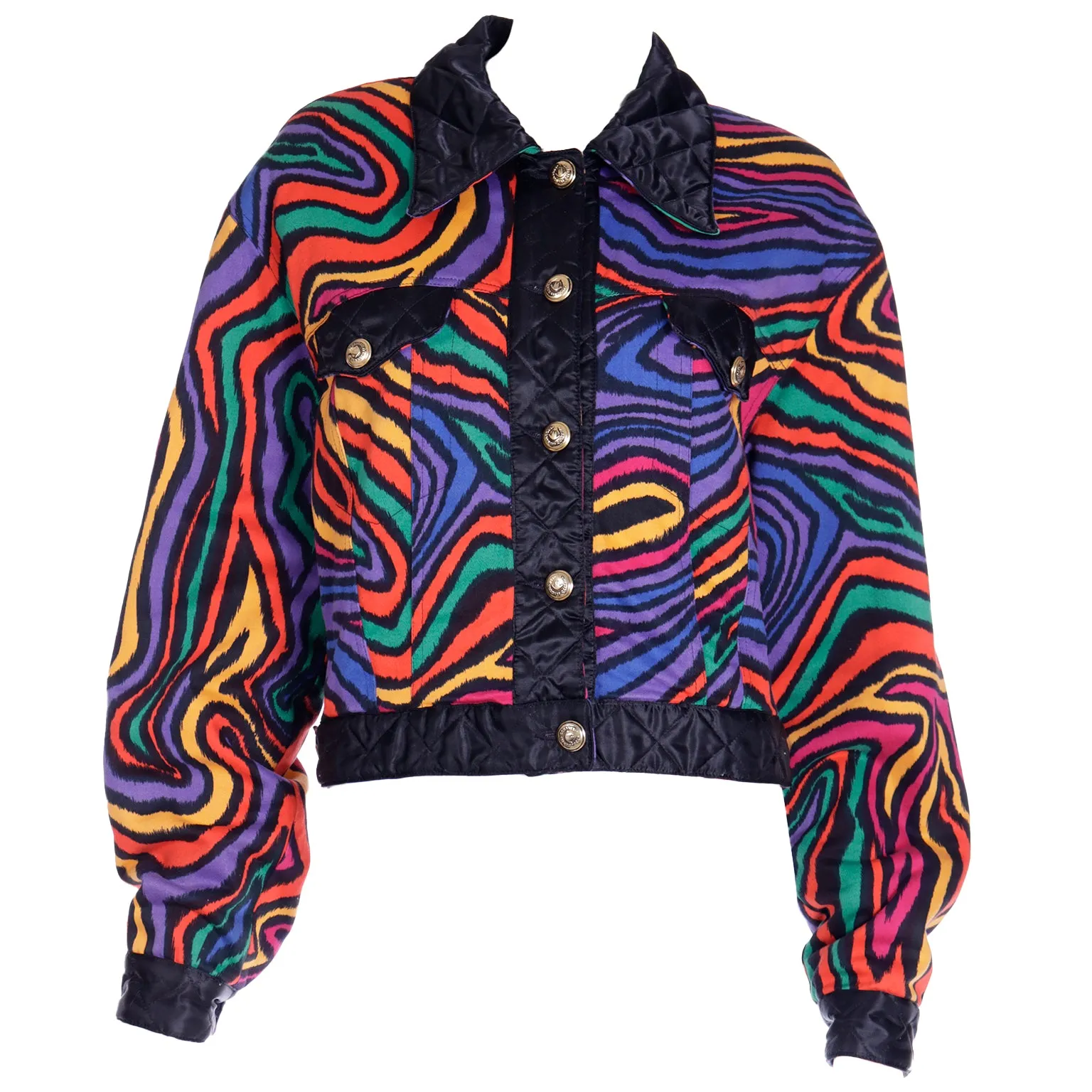 1980s Moschino Jeans Colorful Rainbow Bomber Jacket w Black Trim