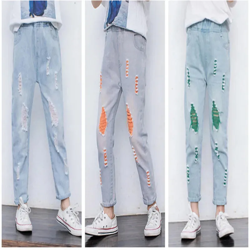 2024 New Fashion Multicolor Hole Little Girl Jeans Boy Spring and Summer Denim Casual Loose Cuffed Jeans Children Pants