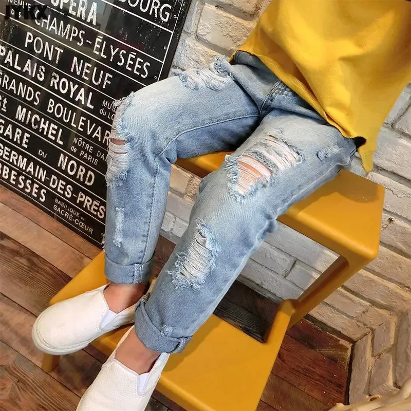 2024 New Fashion Multicolor Hole Little Girl Jeans Boy Spring and Summer Denim Casual Loose Cuffed Jeans Children Pants