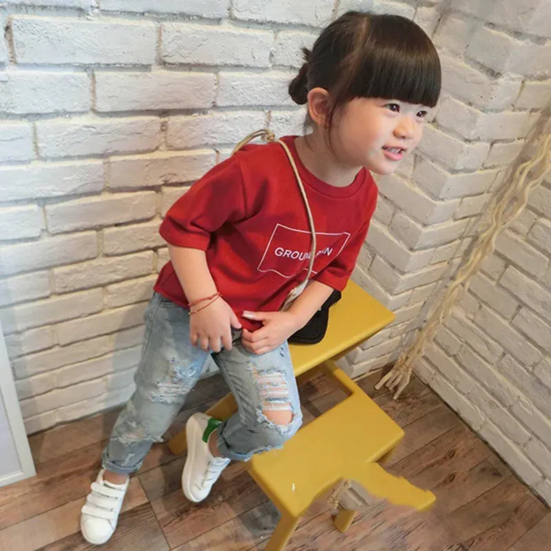 2024 New Fashion Multicolor Hole Little Girl Jeans Boy Spring and Summer Denim Casual Loose Cuffed Jeans Children Pants