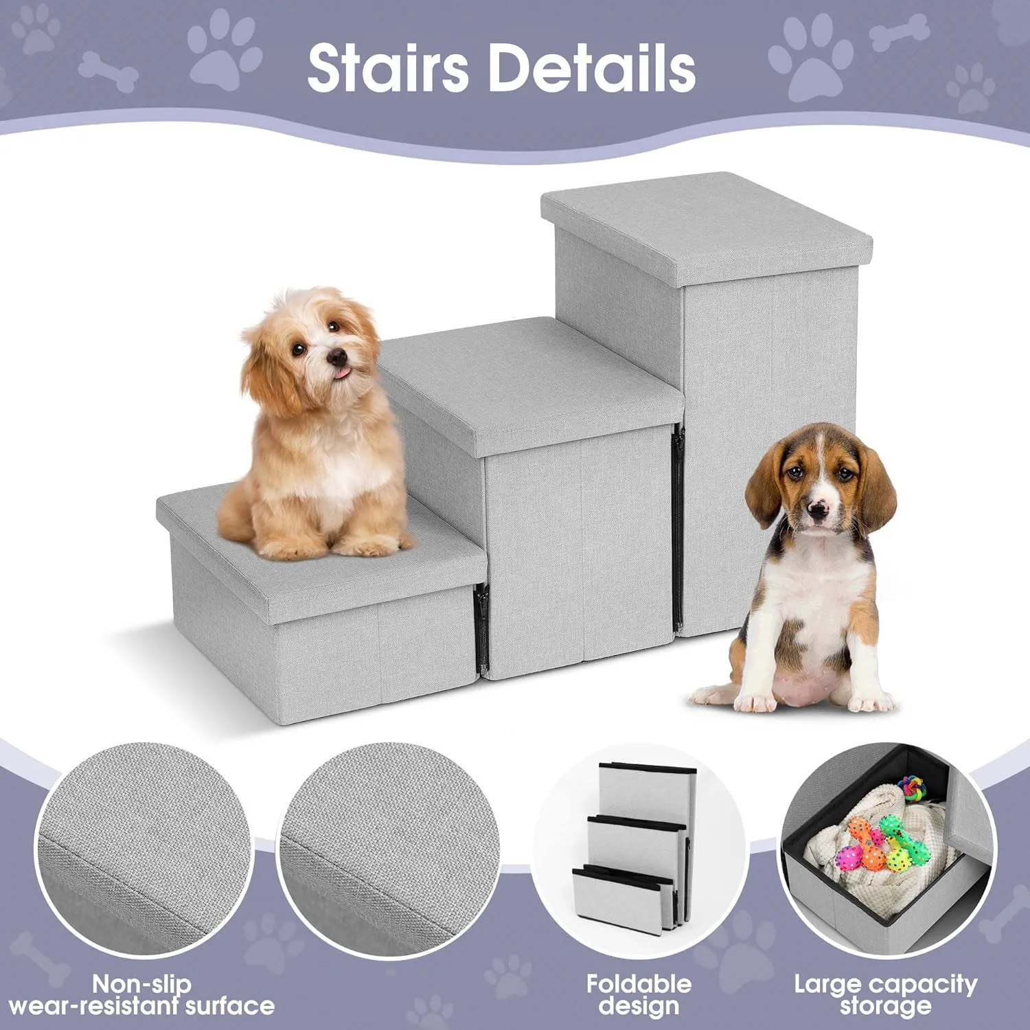 3 Tiers Non-Slip Pet Stairs with Storage Organizer