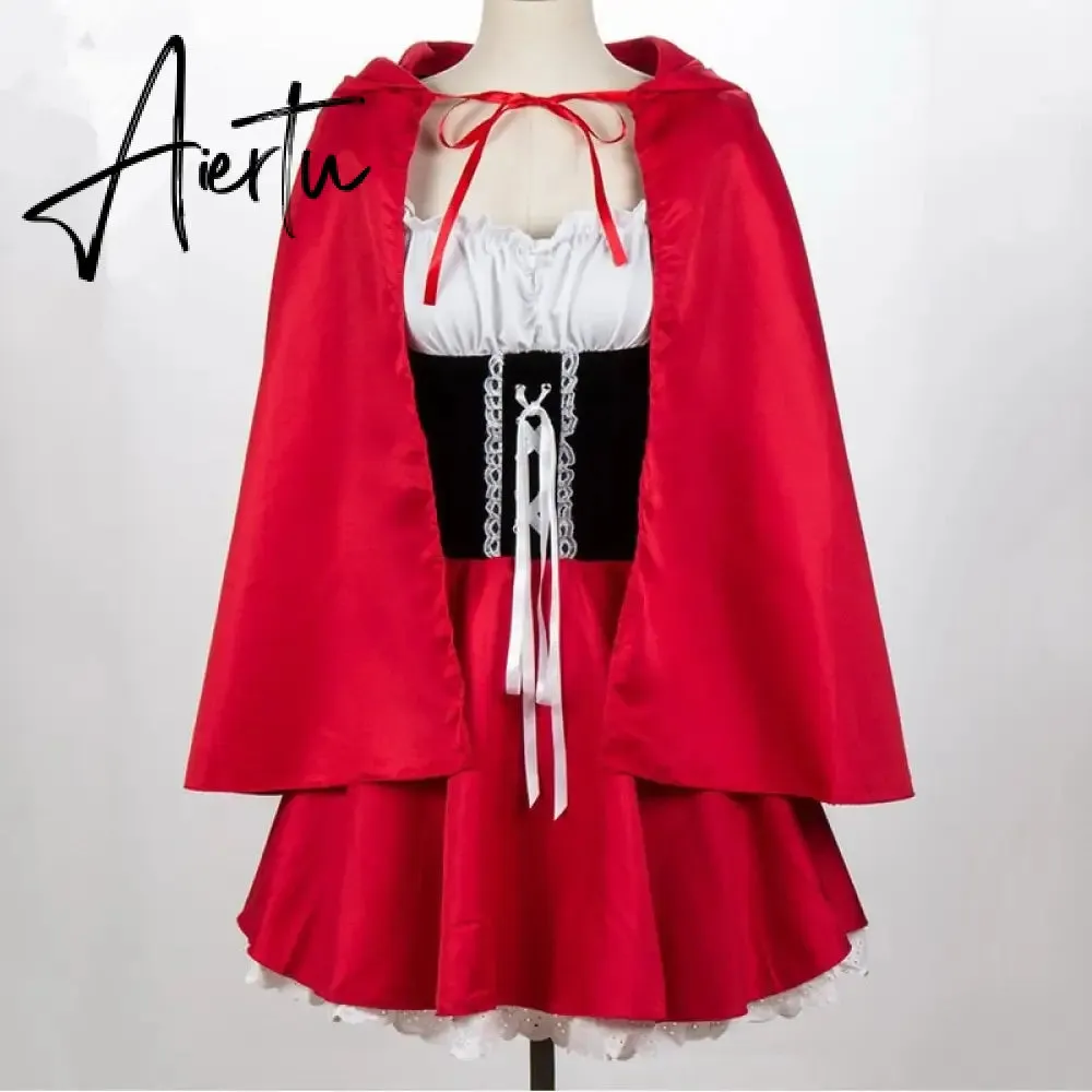 Aiertu Halloween Costume For Adult Women Little Red Riding Hooded Cosplay Fantasy Game Uniforms Fancy Dress Party Cloak Outfit XS-6XL