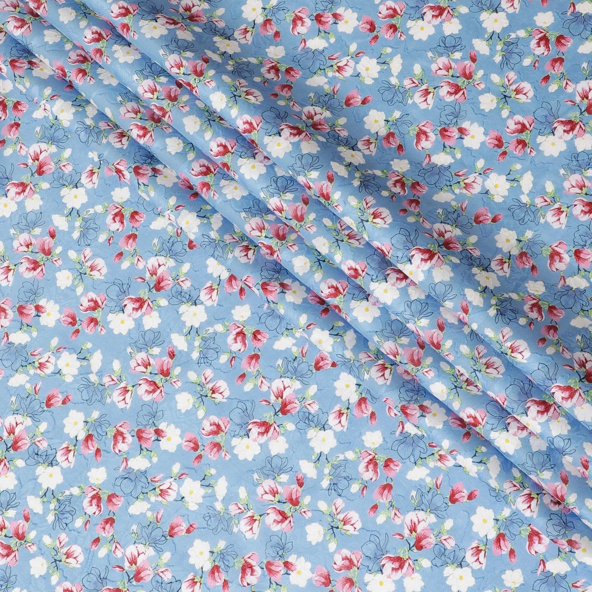 Air Force blue uragiri cotton voile fabric with same tone jacquard having multicolor print in floral design-D10067