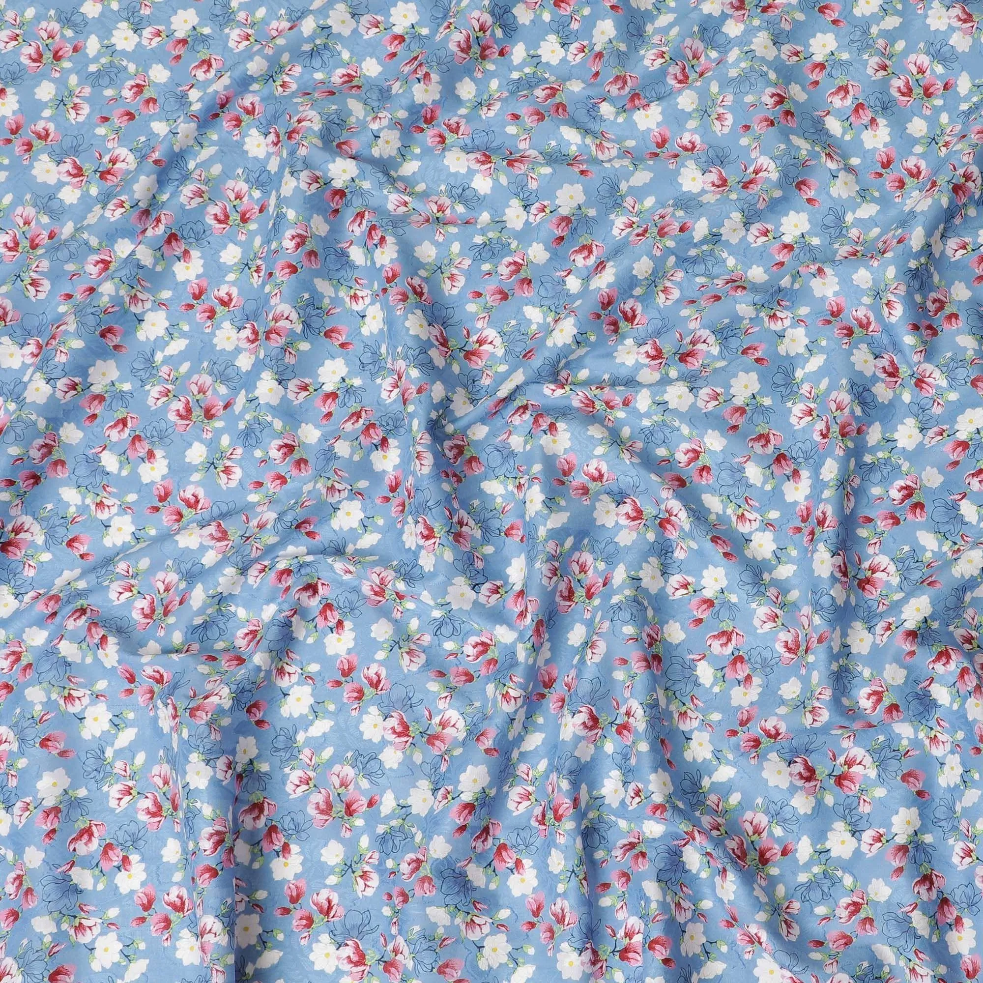 Air Force blue uragiri cotton voile fabric with same tone jacquard having multicolor print in floral design-D10067