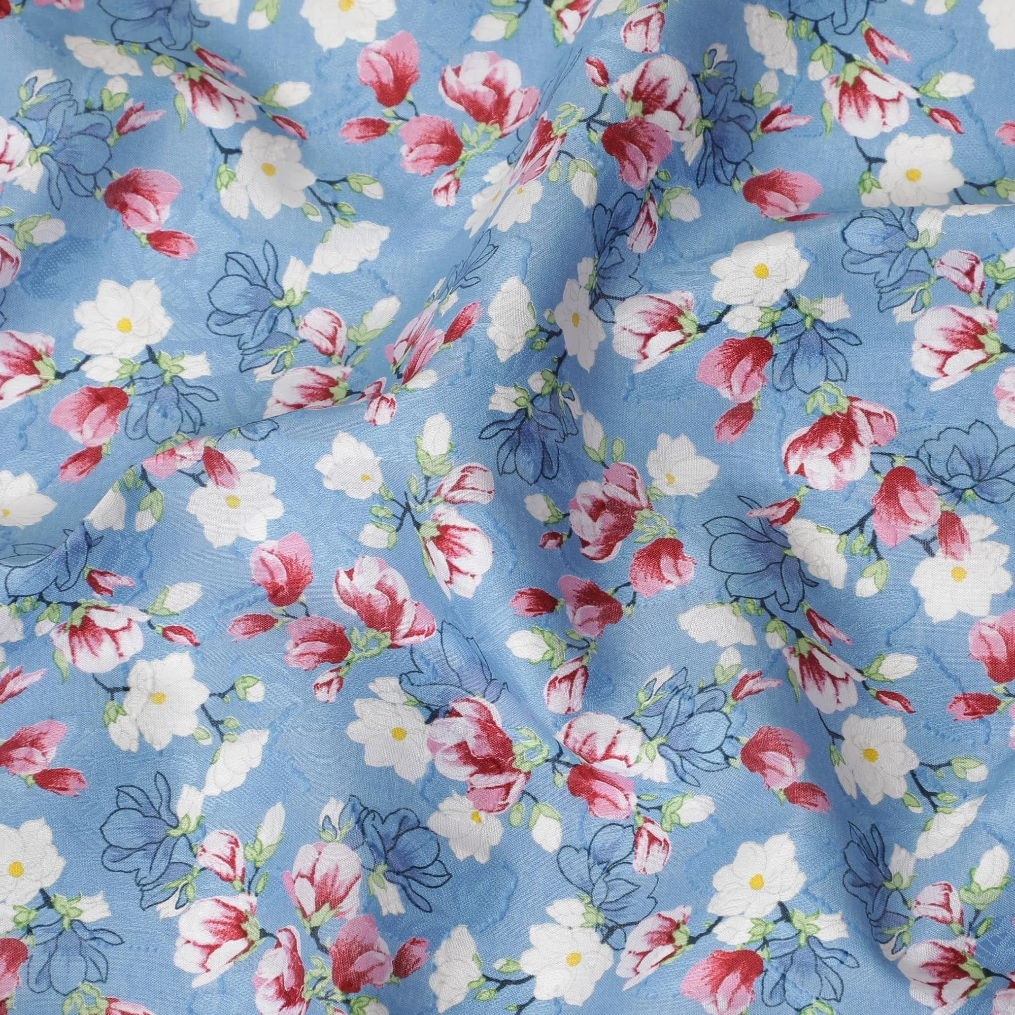 Air Force blue uragiri cotton voile fabric with same tone jacquard having multicolor print in floral design-D10067