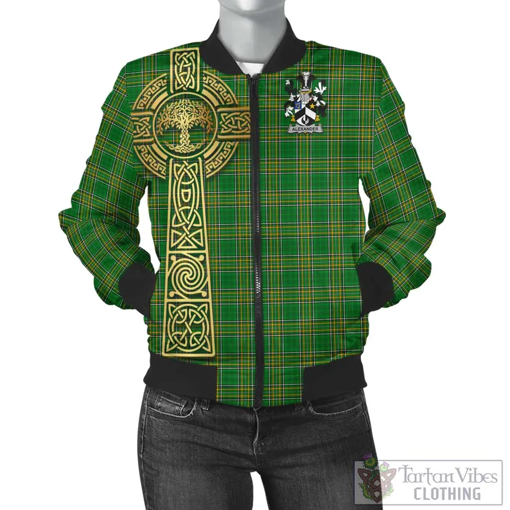 Alexander Irish Clan Tartan Bomber Jacket with Coat of Arms Celtic Tree of Life Style