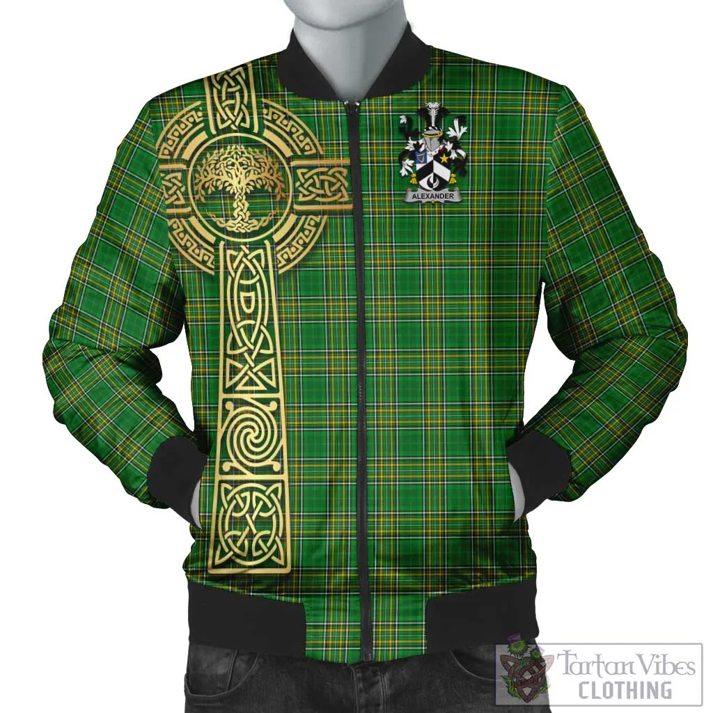 Alexander Irish Clan Tartan Bomber Jacket with Coat of Arms Celtic Tree of Life Style