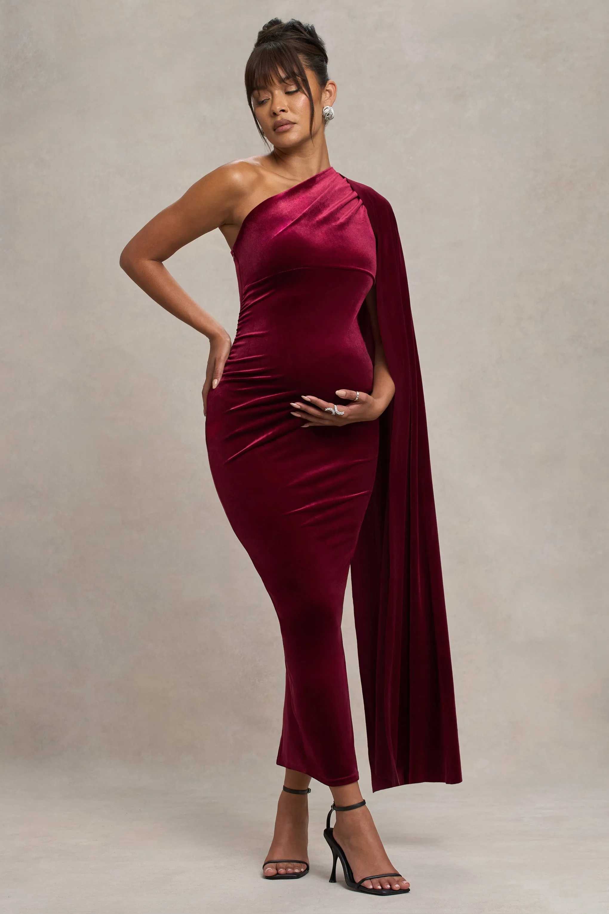 Amaryllis | Berry Velvet Maternity One Shoulder Maxi Dress with Cape Sleeve