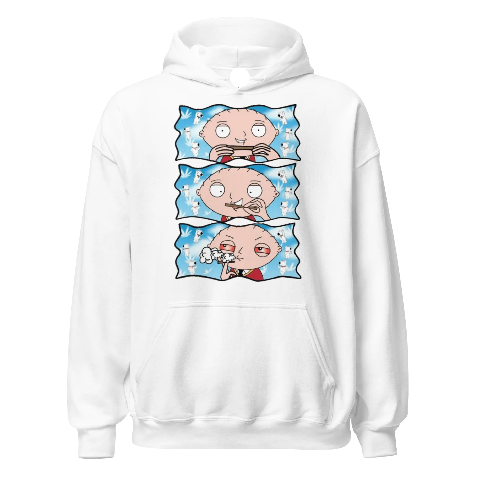 Animated TV Sitcom Hoodie Stewie Character Rolling Joint Ultra Soft Blended Cotton Unisex Pullover