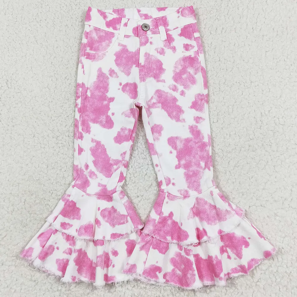 Baby Girls Pants Pink Cow Double Ruffle Bell Flare Denim Pants P0406