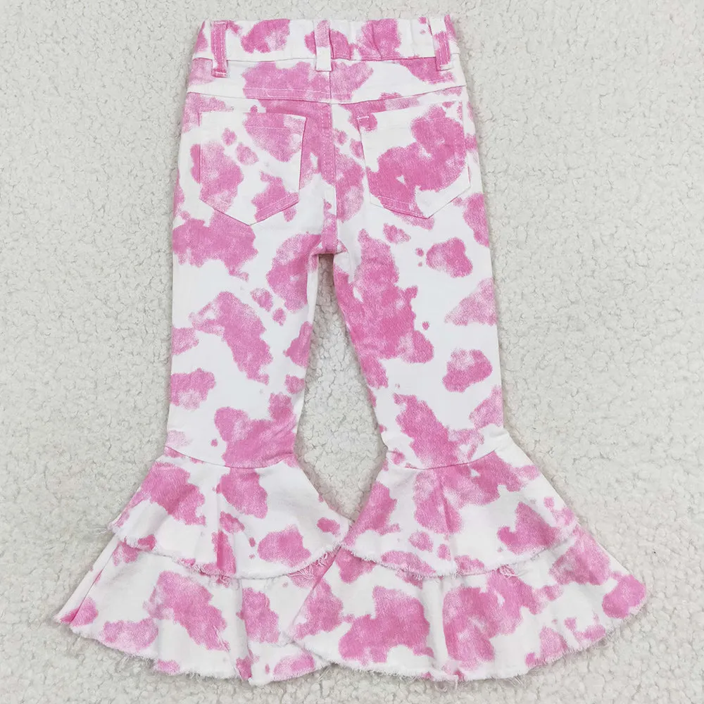 Baby Girls Pants Pink Cow Double Ruffle Bell Flare Denim Pants P0406