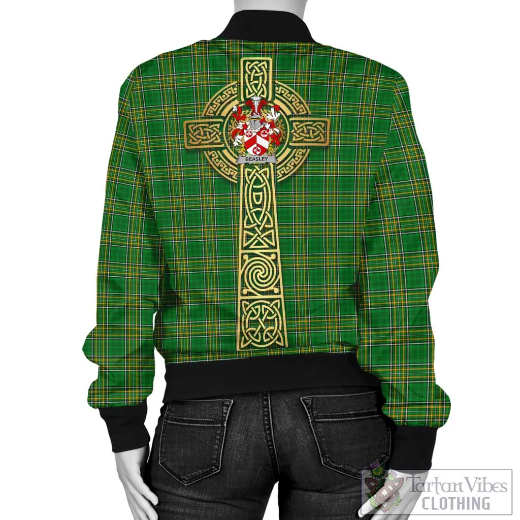 Beasley Irish Clan Tartan Bomber Jacket with Coat of Arms Celtic Tree of Life Style