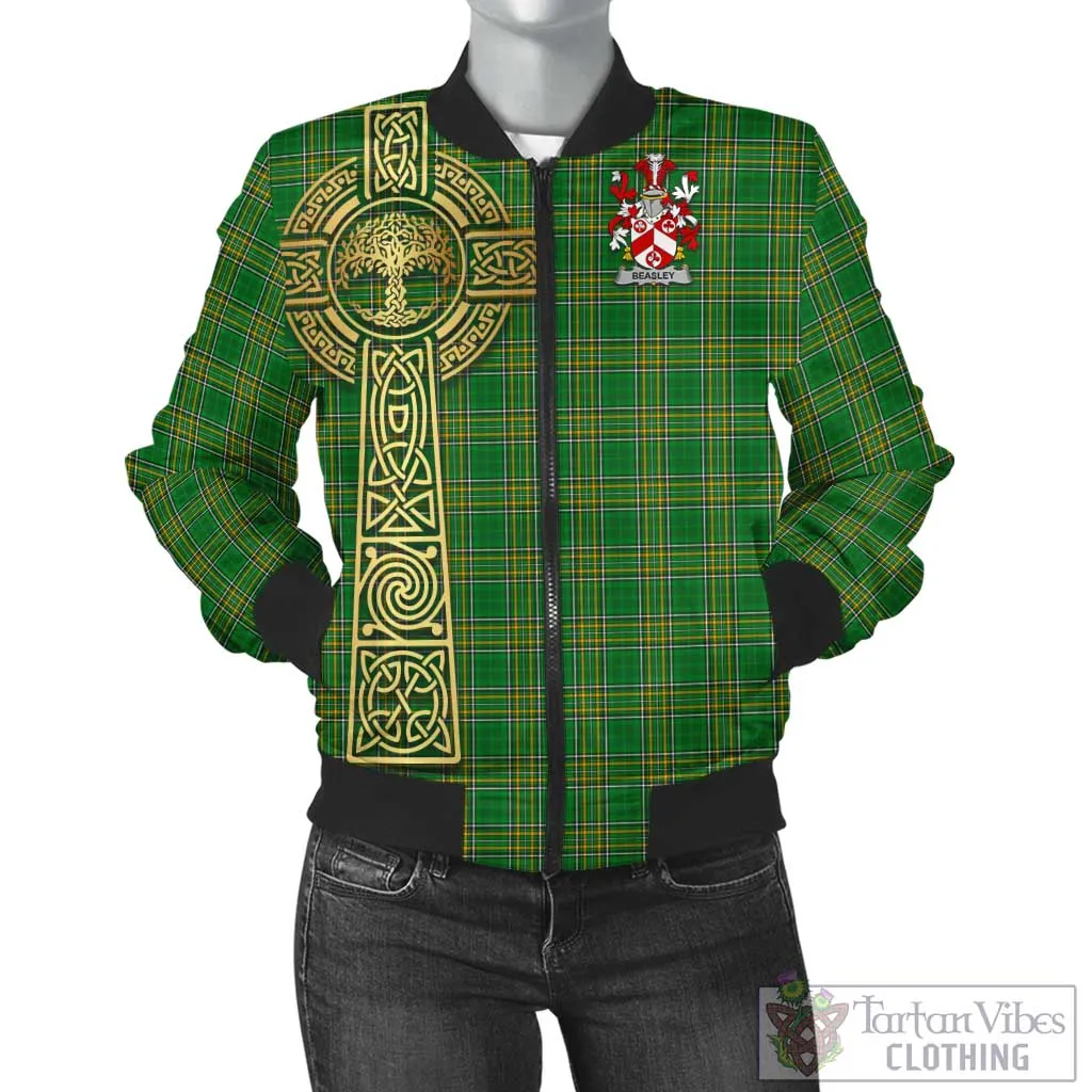 Beasley Irish Clan Tartan Bomber Jacket with Coat of Arms Celtic Tree of Life Style