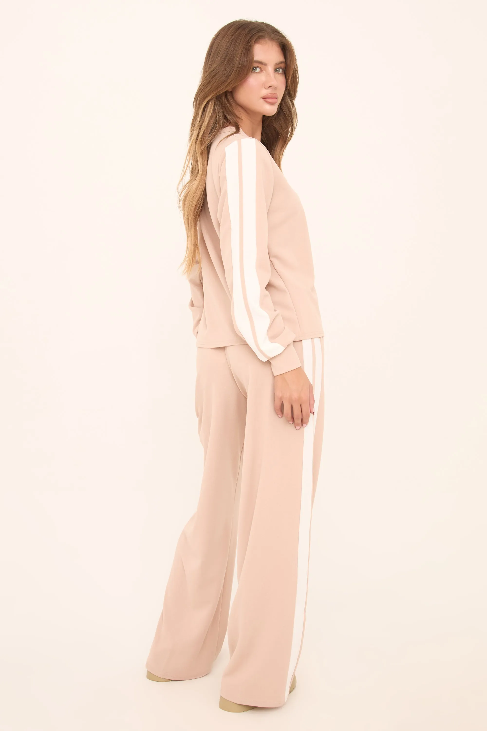 Beige Contrast Stripe Round Neck Long Sleeves Top & Straight Leg Trousers Co-ord Set - Ursula