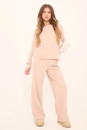 Beige Contrast Stripe Round Neck Long Sleeves Top & Straight Leg Trousers Co-ord Set - Ursula