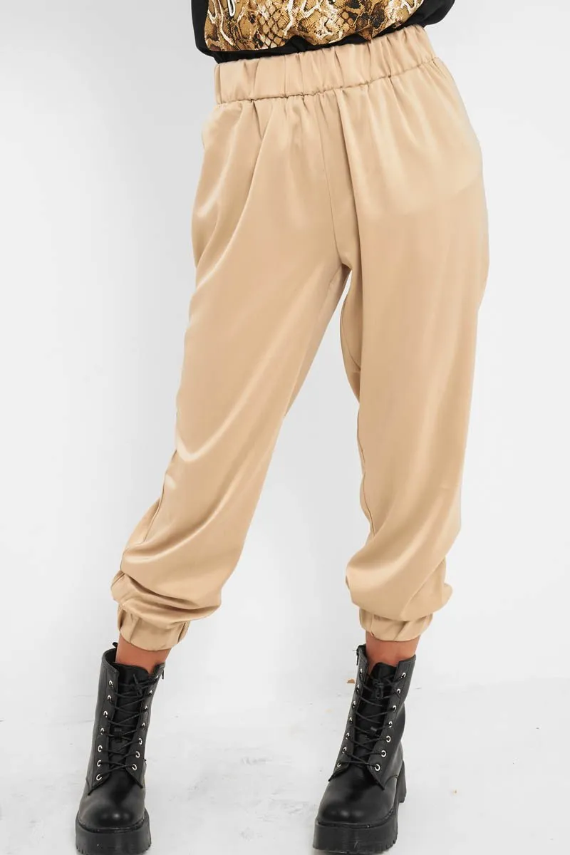 Beige Shiny Woven Cargo Trousers - Atley