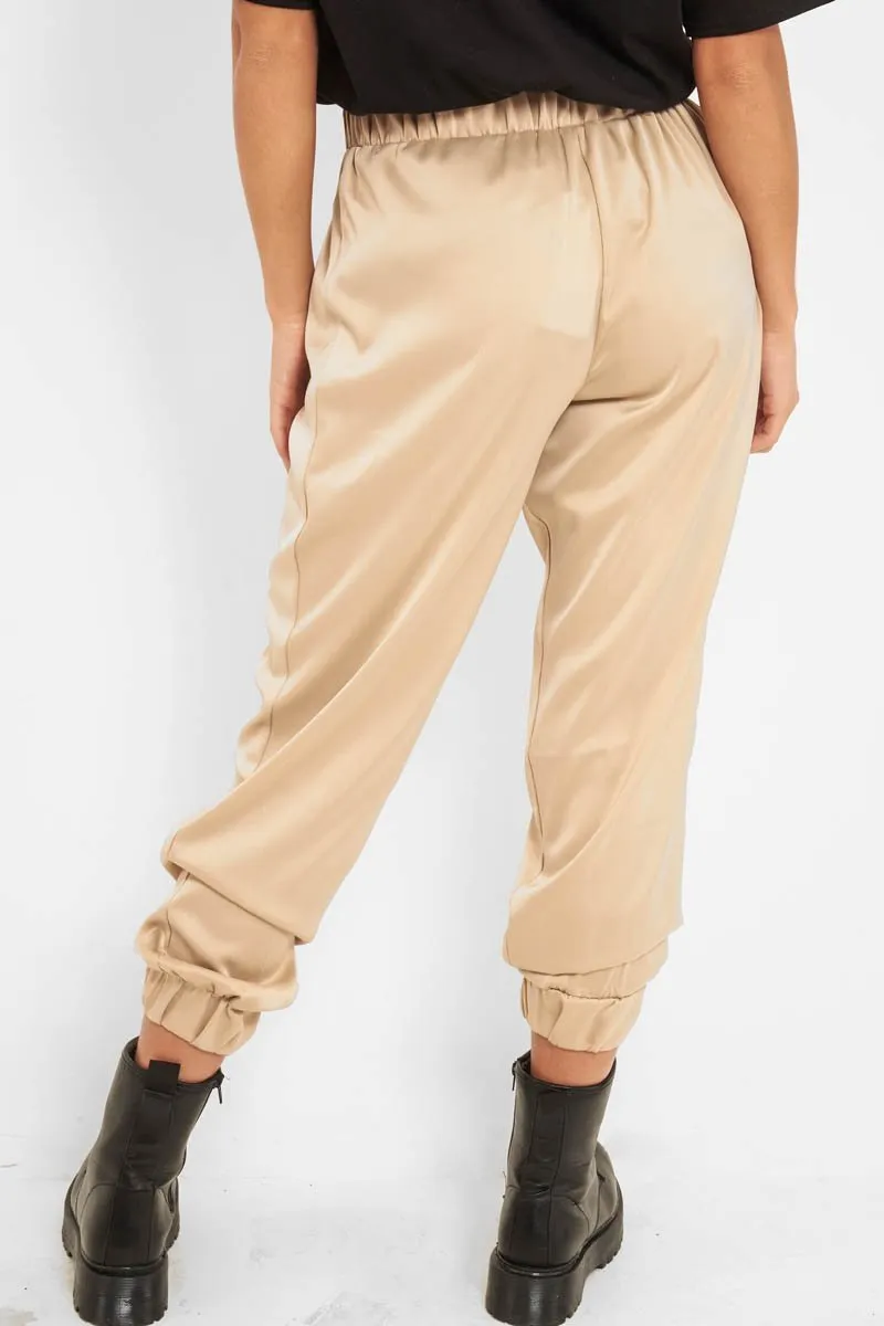 Beige Shiny Woven Cargo Trousers - Atley