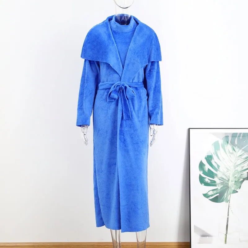 Belt Coral Fleece Women Long Cardigan Dress 2 Piece Set Autumn Full Sleeve Lapel Coat M B-32015