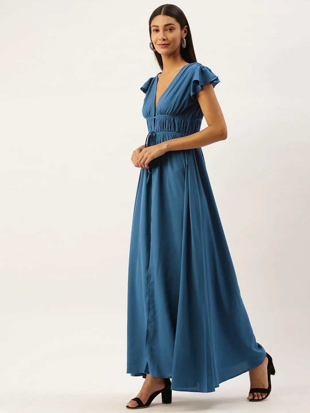 Berrylush Women Solid Blue Deep V-Neck Maxi Dress