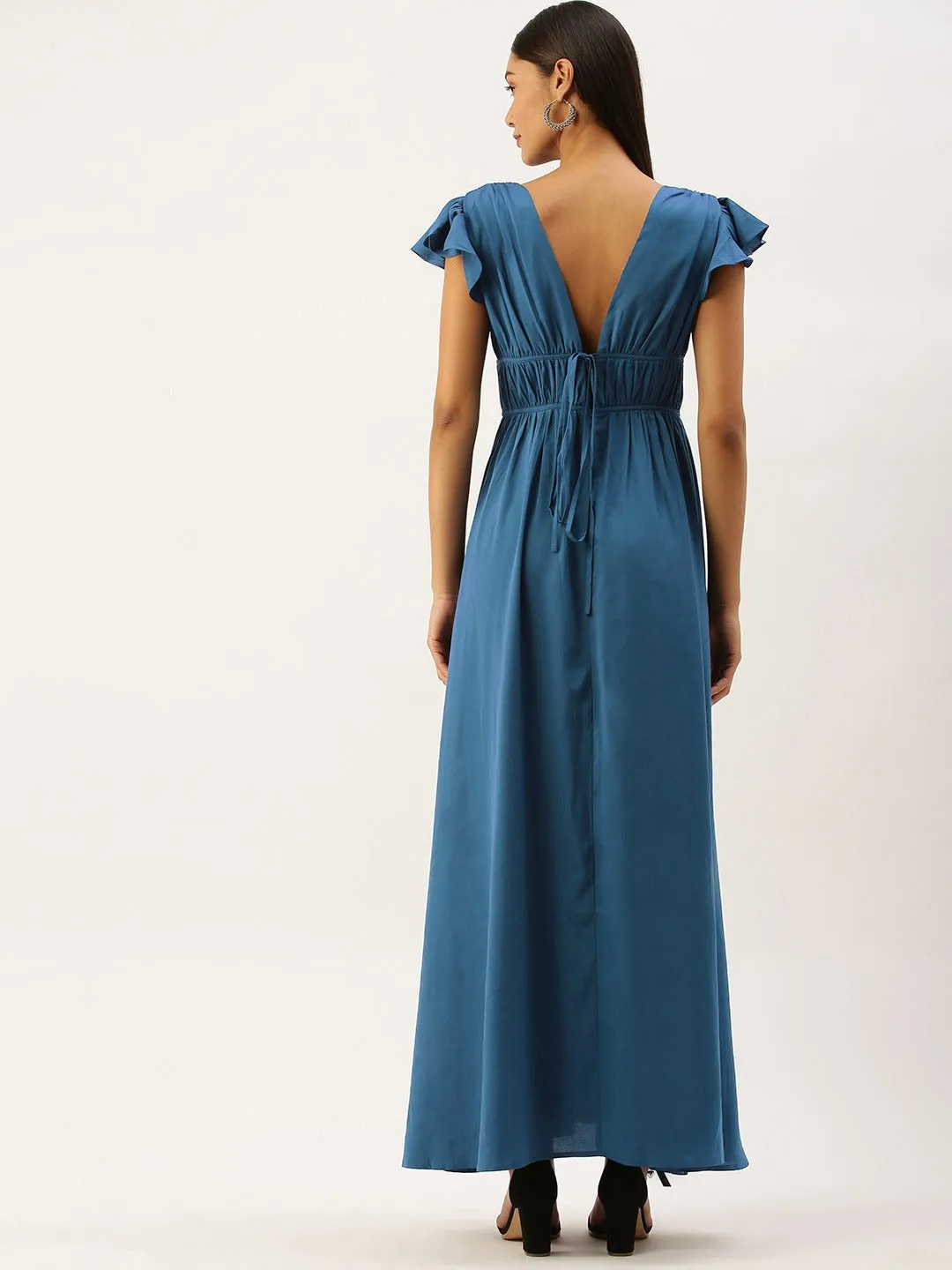 Berrylush Women Solid Blue Deep V-Neck Maxi Dress