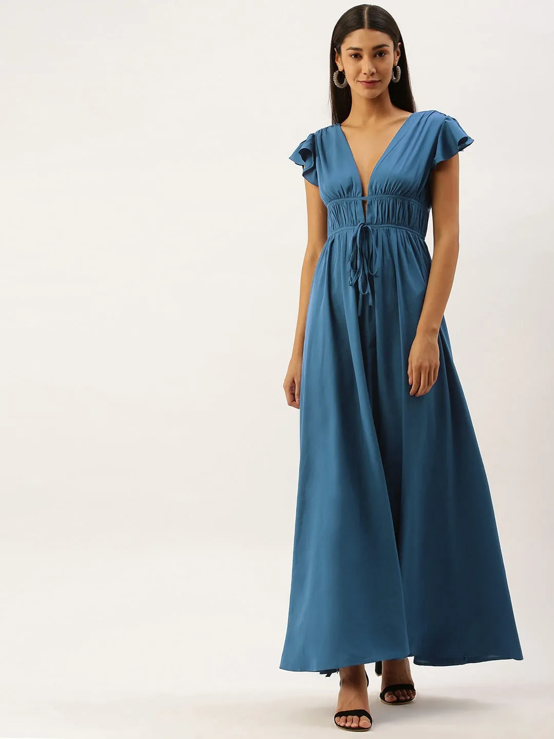 Berrylush Women Solid Blue Deep V-Neck Maxi Dress