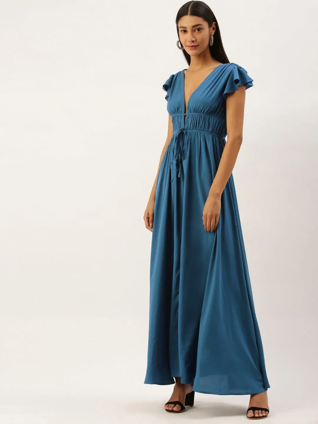 Berrylush Women Solid Blue Deep V-Neck Maxi Dress