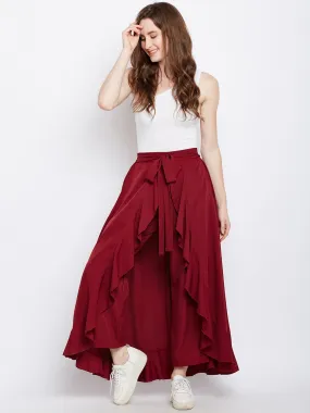 Berrylush Women Solid Maroon Waist Tie-Up Ruffled Maxi Skirt with Attached Trousers