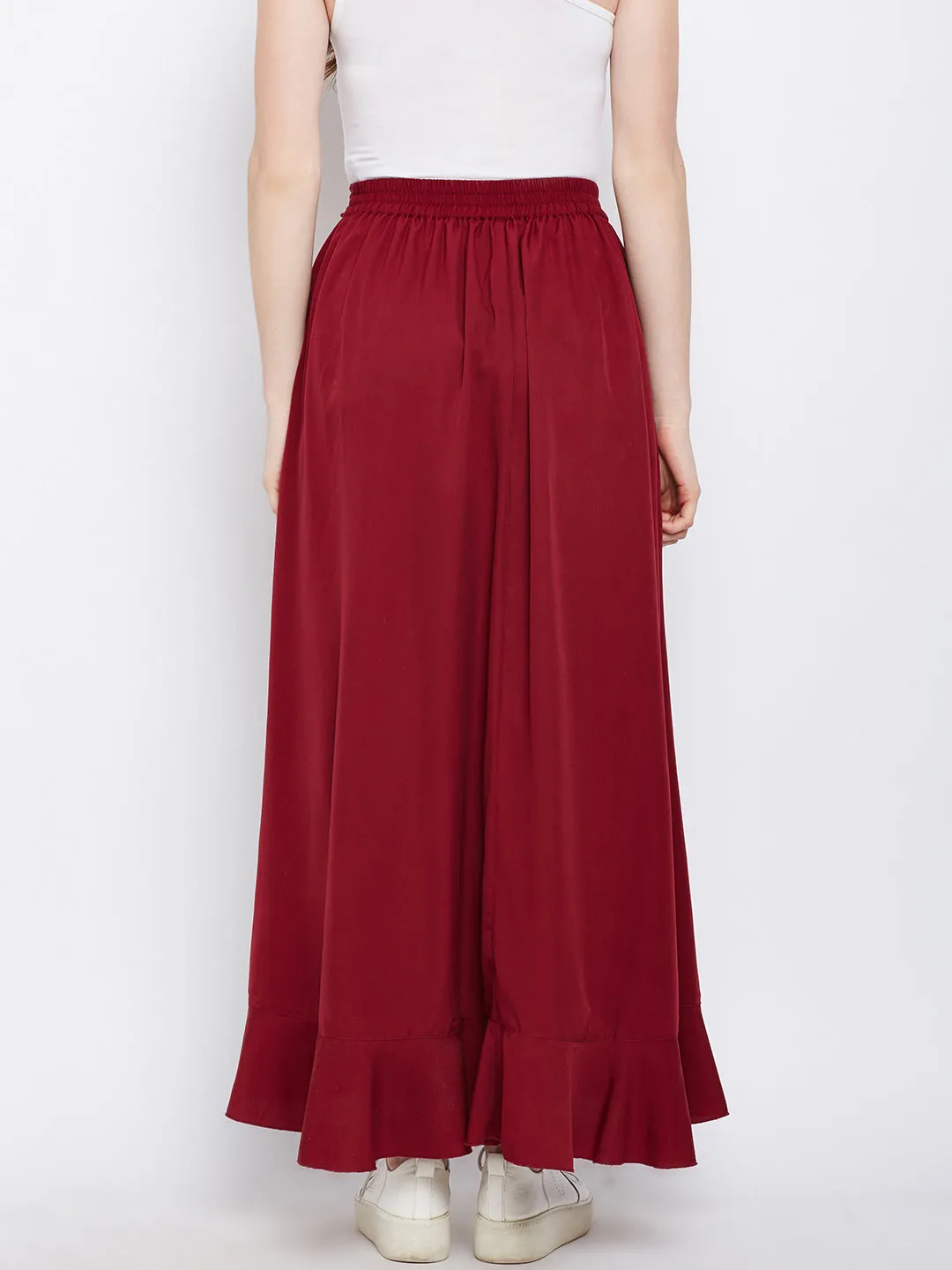 Berrylush Women Solid Maroon Waist Tie-Up Ruffled Maxi Skirt with Attached Trousers