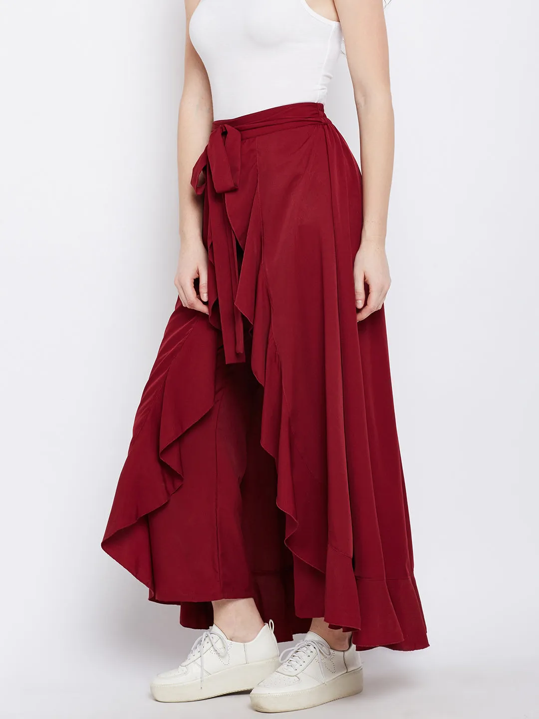 Berrylush Women Solid Maroon Waist Tie-Up Ruffled Maxi Skirt with Attached Trousers