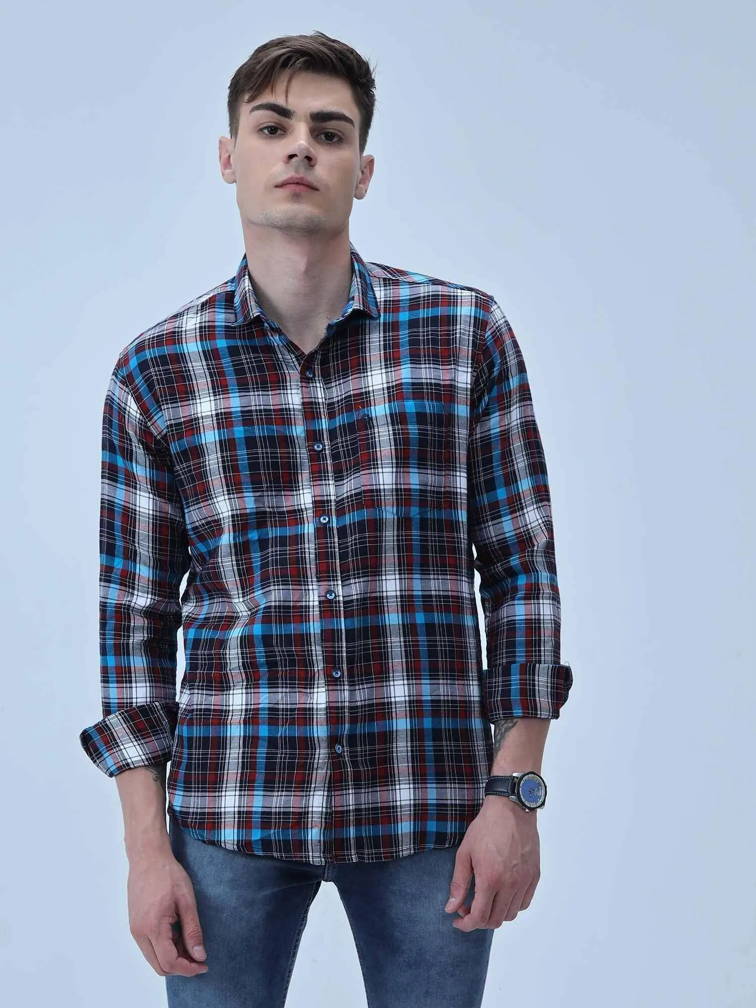 Black blue red Checkered Full Shirt