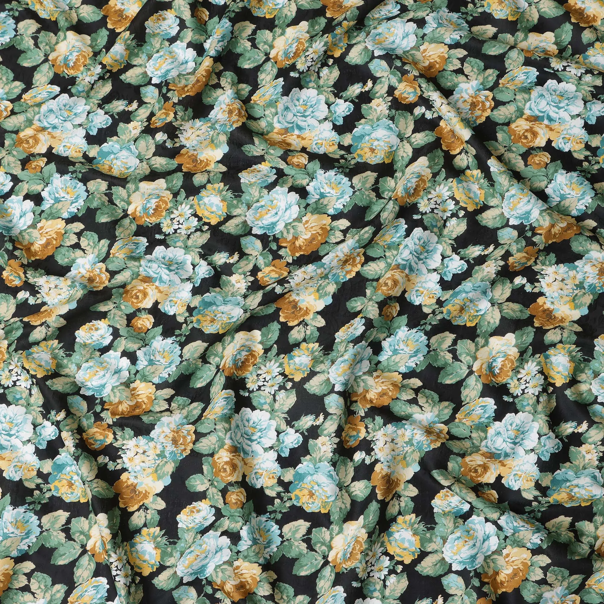 Black Japanese Cotton Voile Fabric, Green & Yellow Floral Print, 110 cm Width-D20912