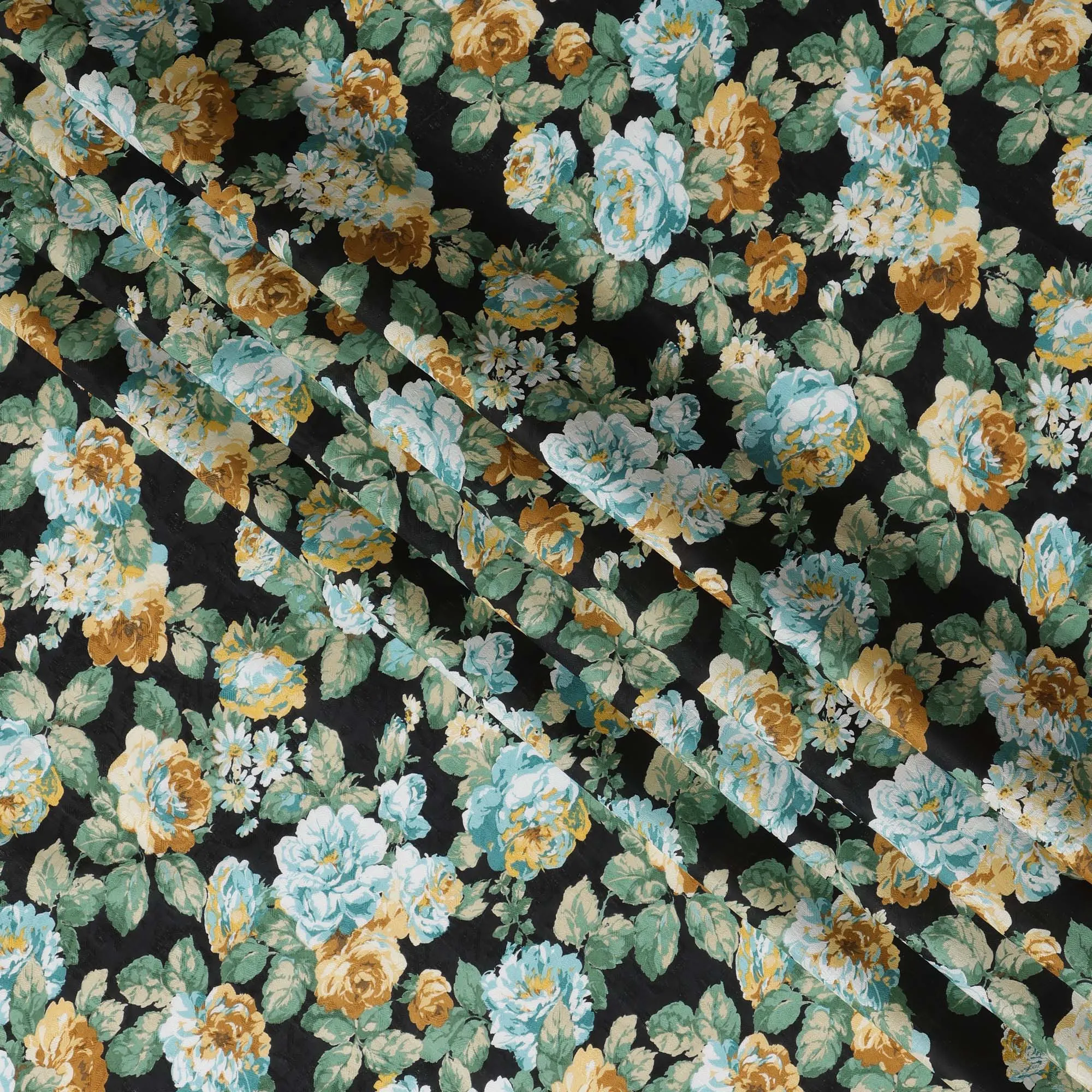 Black Japanese Cotton Voile Fabric, Green & Yellow Floral Print, 110 cm Width-D20912