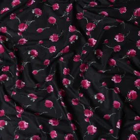 Black Japanese Floral Cotton Voile Fabric, Magenta & Green Flower Print, 110 cm Width-D20907