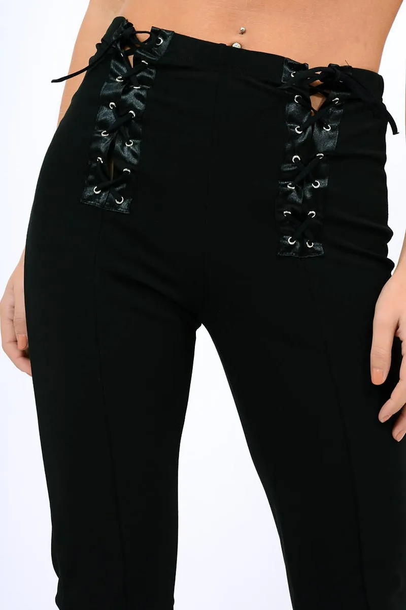 Black Lace Up Front Trousers - Zia