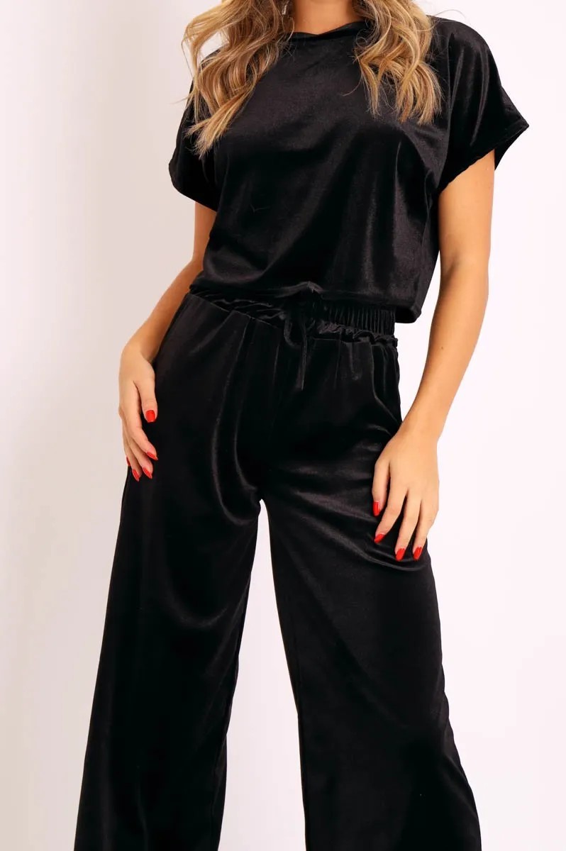 Black Velvet Crop Top and Trousers Loungewear Set - Kani