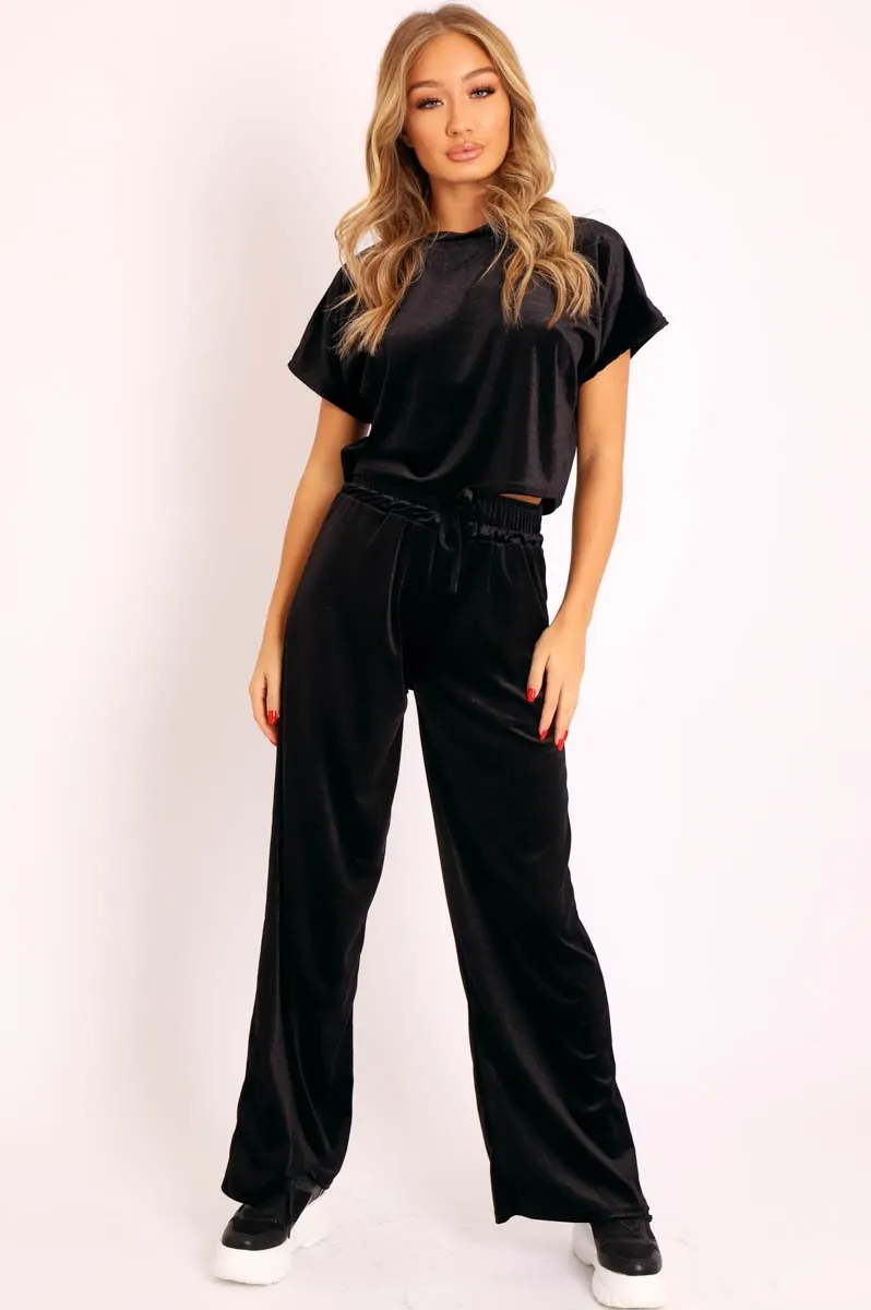 Black Velvet Crop Top and Trousers Loungewear Set - Kani