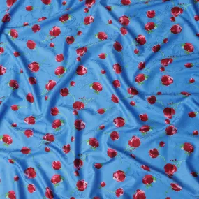 Blue Japanese Cotton Voile Fabric, Red & Green Floral Print, 110 cm Width-D20911