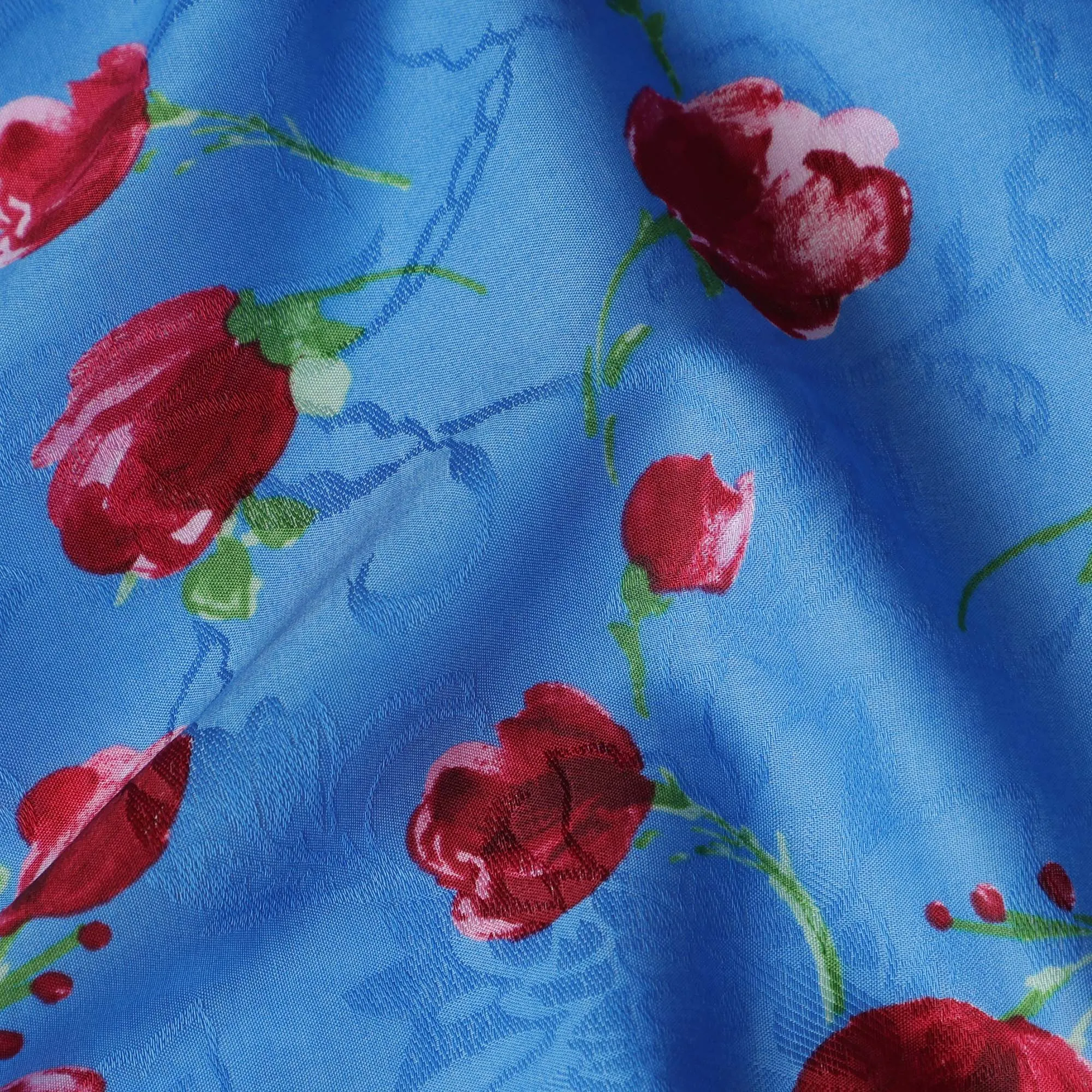 Blue Japanese Cotton Voile Fabric, Red & Green Floral Print, 110 cm Width-D20911