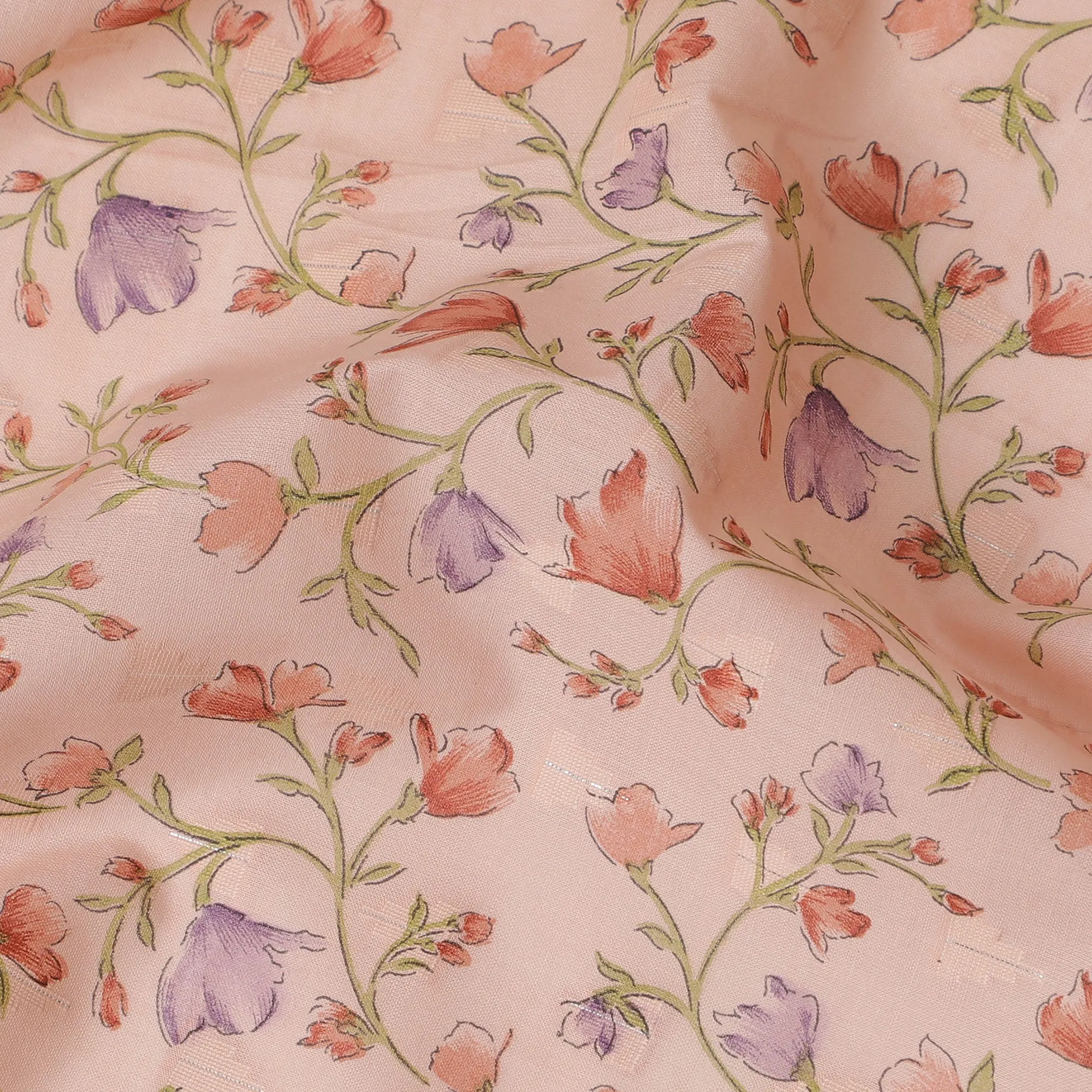 Blush Pink Cotton Voile Fabric with Delicate Purple Floral Print, 110 cm Wide - Whimsical Indian Craftsmanship-D18987