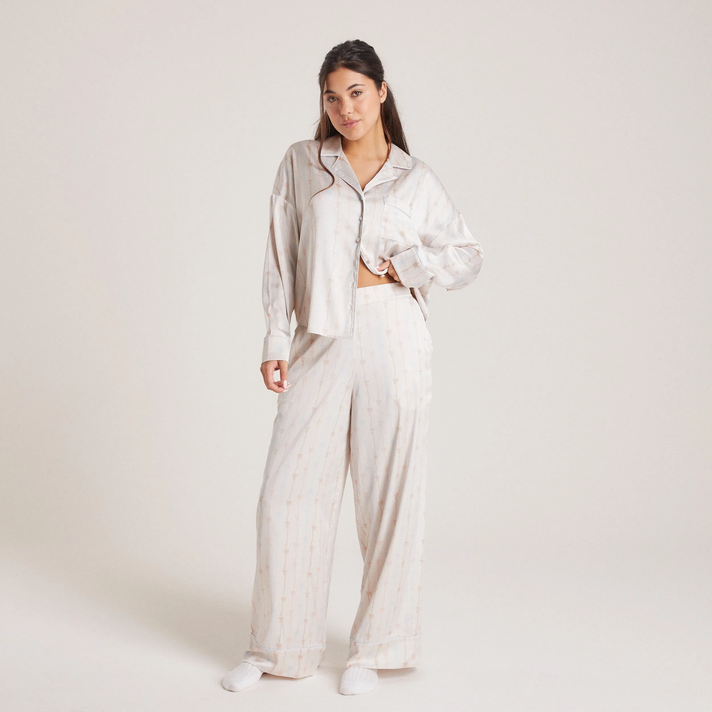 Bow Satin Pyjama Trousers - Pearl