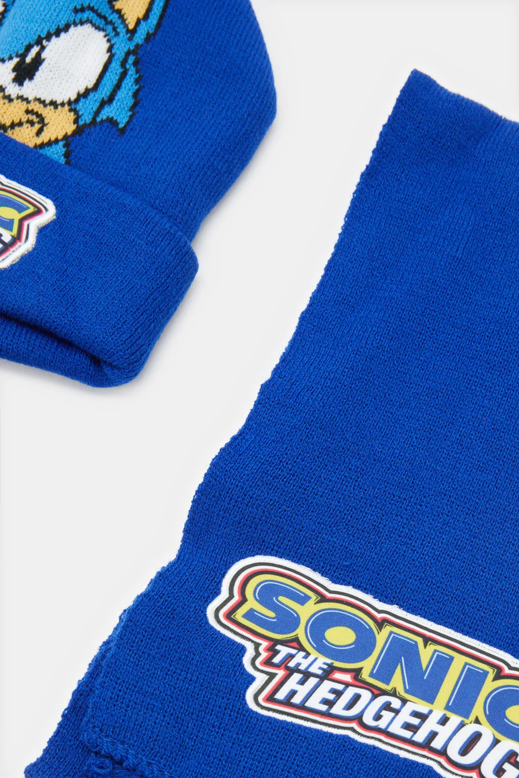 Boys Blue Sonic Knitted Knitted Cap Set (3 Piece)