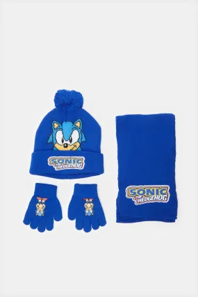 Boys Blue Sonic Knitted Knitted Cap Set (3 Piece)