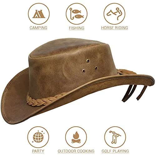 BRANDSLOCK Cowboy Hat Leather Outback Sun Hat with Chin Cord Tan 2XLarge