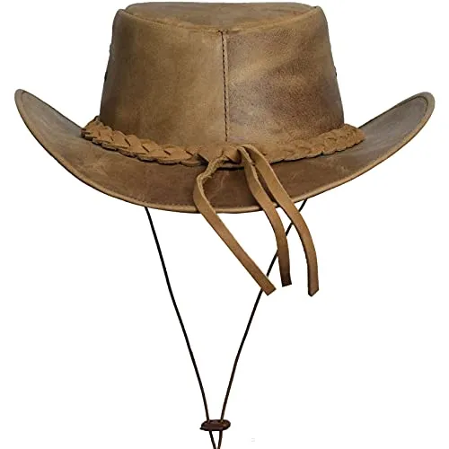 BRANDSLOCK Cowboy Hat Leather Outback Sun Hat with Chin Cord Tan 2XLarge